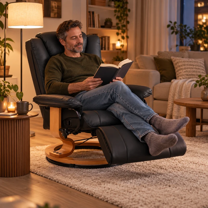 HOMCOM Relaxstoel met Ligfunctie, Draaibaar, tot 150 kg, Kunstlederbekleding, Stalen Frame, Zwart(m-9)
