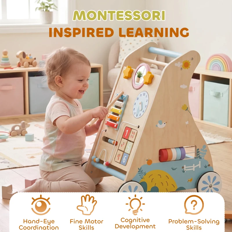 AIYAPLAY Wooden Baby Walker with Detachable Double-Sided Activity Board, Push Along Walker, Gift for Boys Girls 1-3 Years