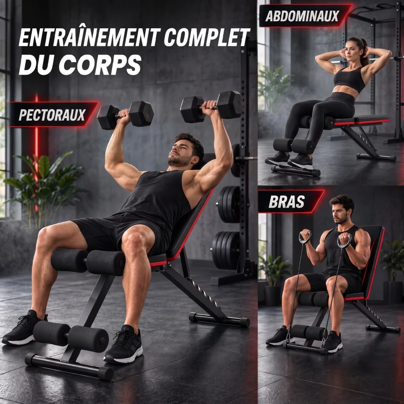 SPORTNOW Banc de Musculation Réglable Pliable Bandes de Résistance Développé Couché Inclinable Déclinable 128x42,5x115cm noir