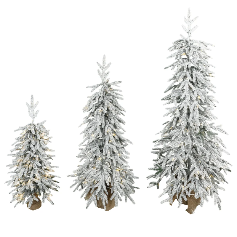 HOMCOM Prelit Flocked Artificial Christmas Tree Set of 3 Snowy Xmas Tree Warm White LED Lights (3FT+4FT+5FT)