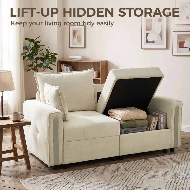 HOMCOM 2 Seater Sofa with Lift-Up Storage, 168 cm Comfy Velvet Small Couch with Wide Deep Seat, Plush Backrest, Thick Padding, 2 Pillows, Loveseat for Living Room, Home Office, Beige