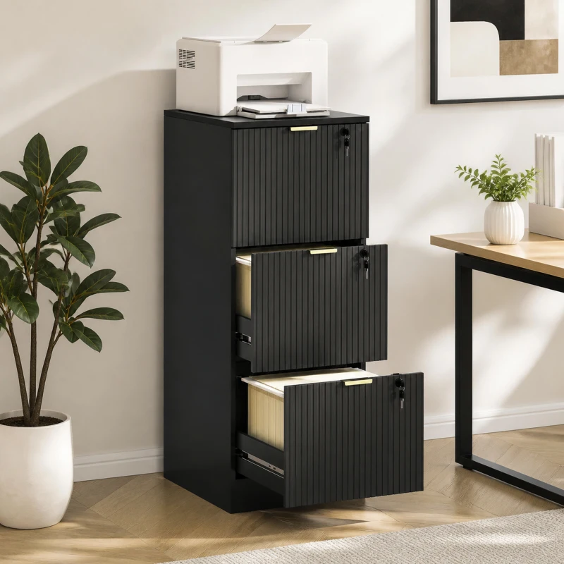 HOMCOM Caisson de Bureau 3 Tiroirs Silencieux Verrouillables pour Formats Lettre/A4, Support d'Imprimante, 40x40x101cm, Noir