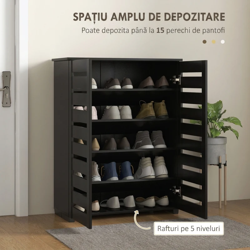 HOMCOM Pantofar cu 5 niveluri, 4 rafturi reglabile și uși cu lamele, din PAL, 76x33x98 cm, negru