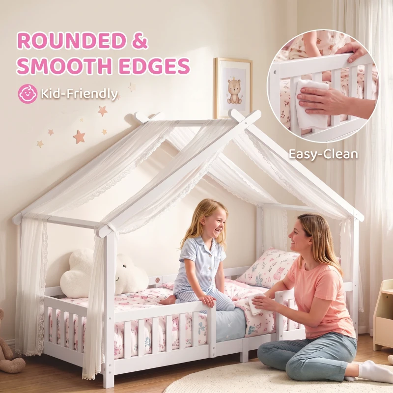 AIYAPLAY Wooden Kids House Single Bed Frame, Solid Pine Wood Toddler Bed with Dual Guardrails for Children, Boys, Girls, White