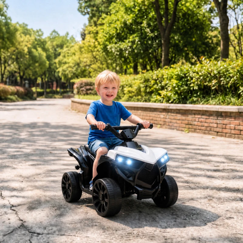 AIYAPLAY 6V Kids ATV, 4 Wheeler Electric Ride on Car with Music and LED Headlights, for Ages 18-56 Months Boys and Girls, White