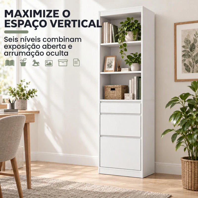 HOMCOM Estante para Livros Alta e Estreita com 6 Níveis 3 Gavetas e 3 Compartimentos Abertos 57x30x180 cm Branco