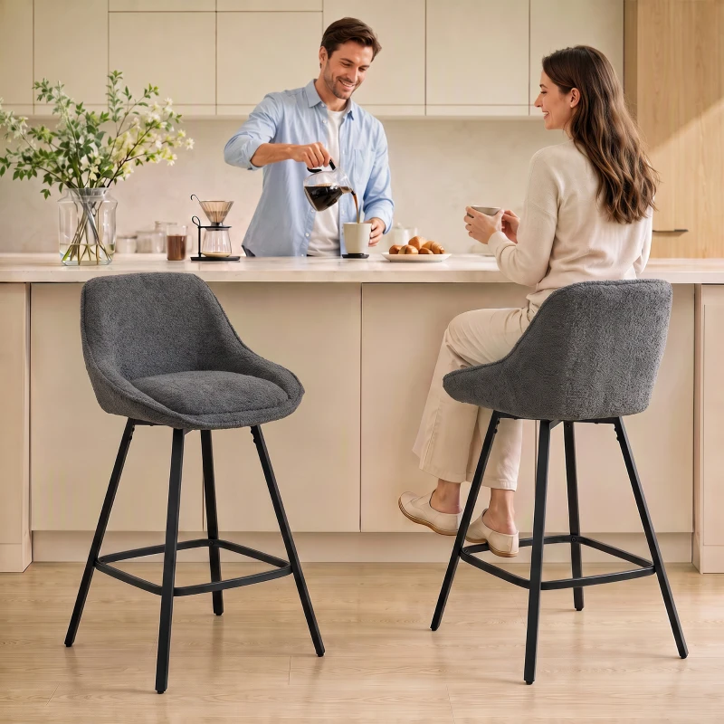 HOMCOM Bar Stools Set of 2, 64 cm Modern Linen-Touch Fabric 360° Swivel Counter Height Bar Chairs, Dark Grey