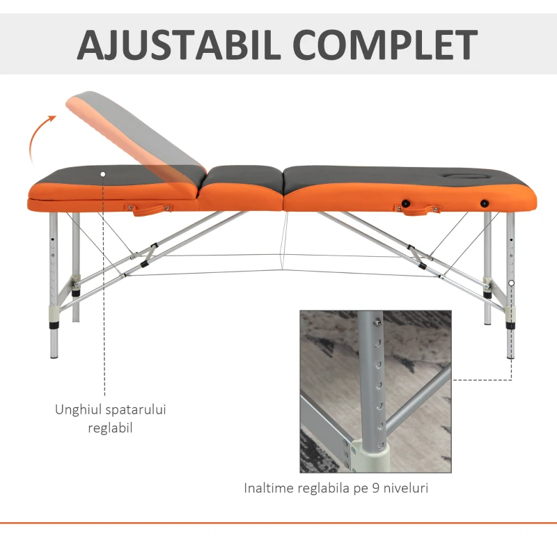 HOMCOM Pat de Masaj Pliabil cu Înălțime Reglabilă pentru Masaj din Aluminiu și Plastic, 215x60x61-84 cm, Negru