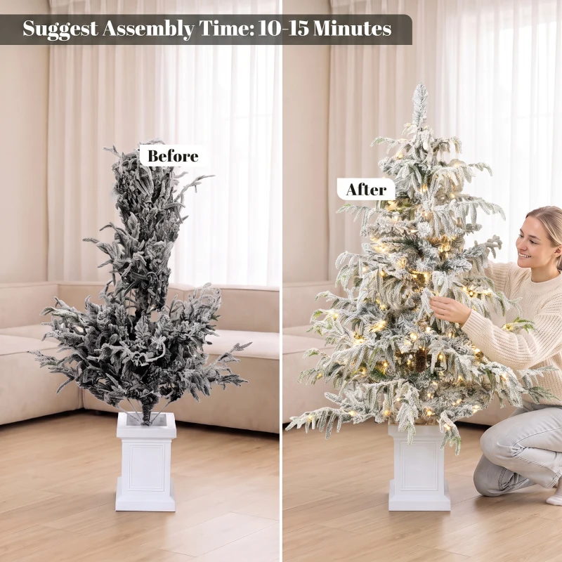 HOMCOM 4ft Prelit Flocked Christmas Tree, Artificial Snow Flocked Spruce with 160 Warm White LED Lights, 8 Modes, Green