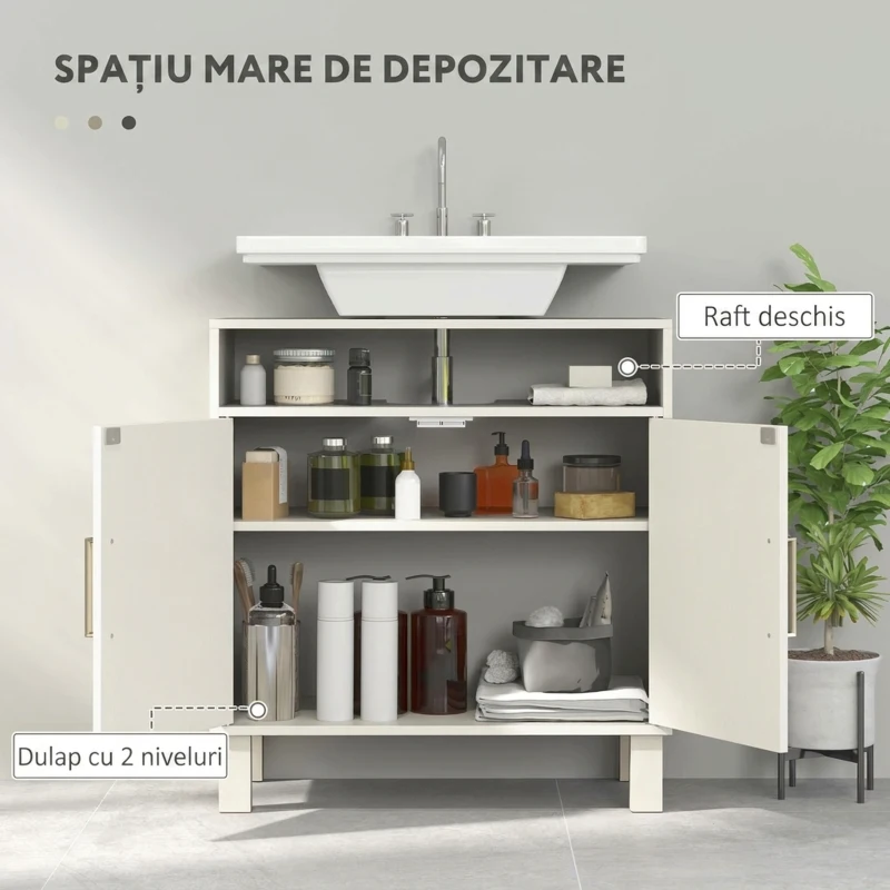HOMCOM Dulap sub lavoar pentru baie, cu 2 uși arcuite încastrate, raft reglabil, pentru lavoare fără piedestal, crem