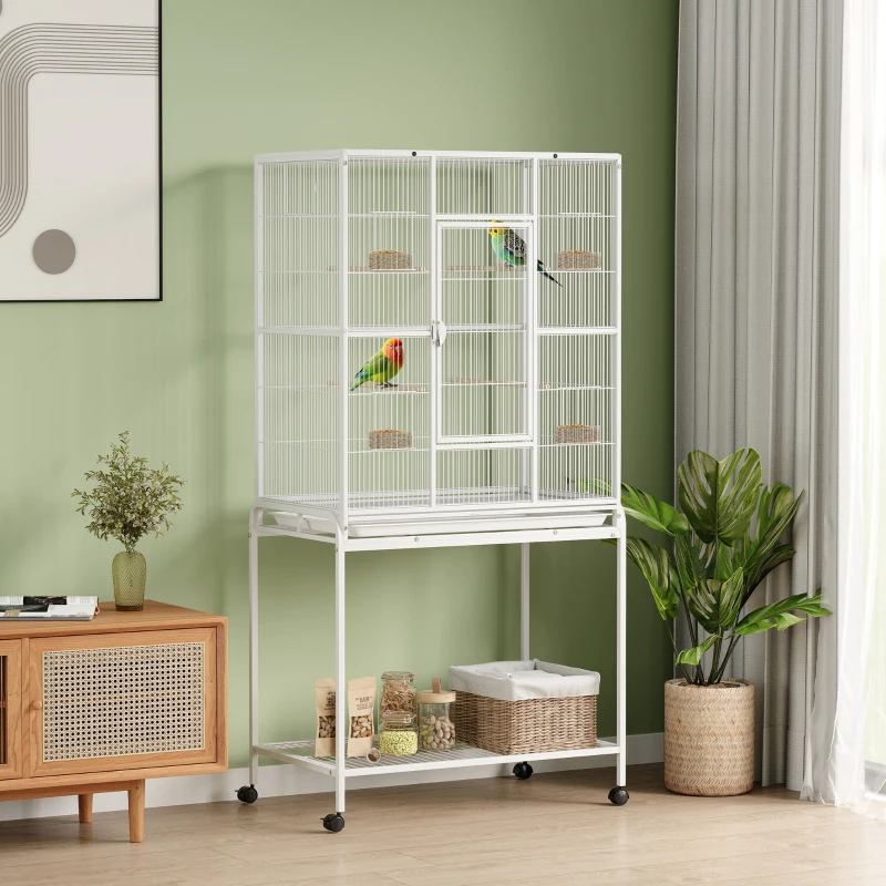 PawHut Cage à Oiseaux Portable avec 4 Mangeoires et 4 Perchoirs Pratique 81 x 48 x 162,5 cm Blanc
