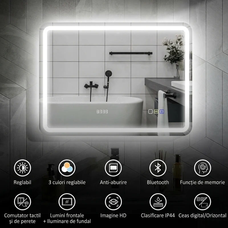 HOMCOM Oglindă de Baie LED cu Bluetooth, Iluminare Reglabilă și Funcție de Memorare, din Sticlă Securizată, 80 x 2.9 x 60 cm