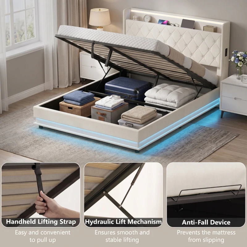 HOMCOM 5ft King Bed Frame with Headboard, Platform Bed Frame with Hydraulic Storage, LED Lights and Charging Station, White