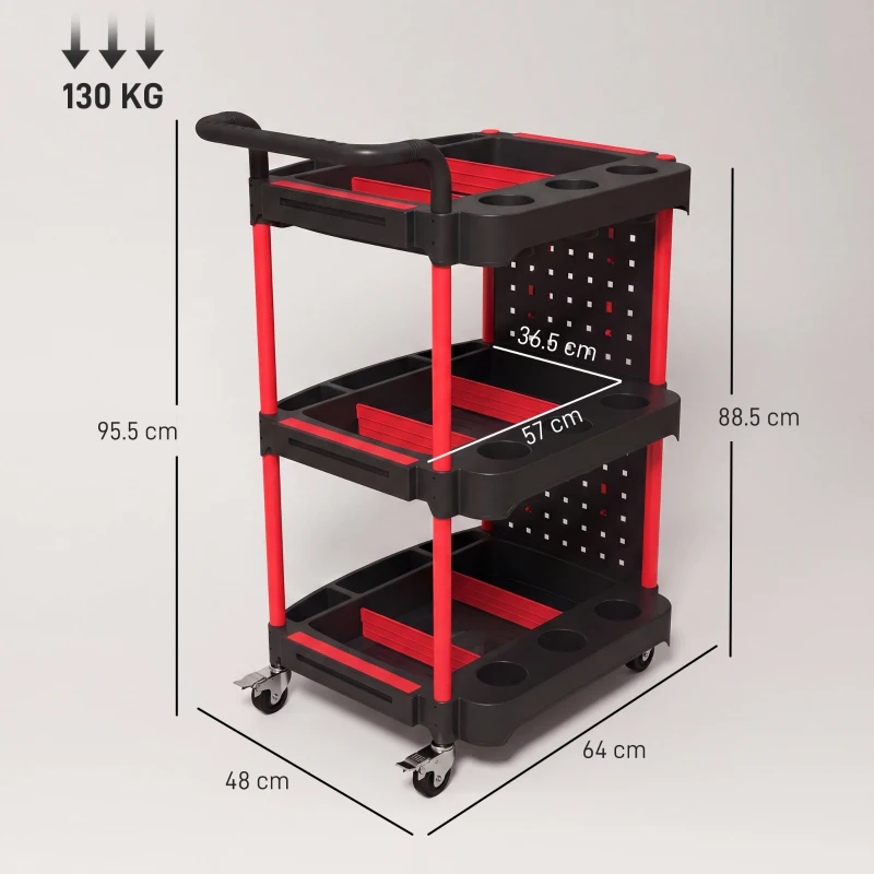 HOMCOM 3-Tier Rolling Tool Cart with Pegboard and Hooks, Storage Trolley Wheel Cart with Brakes, Black & Red