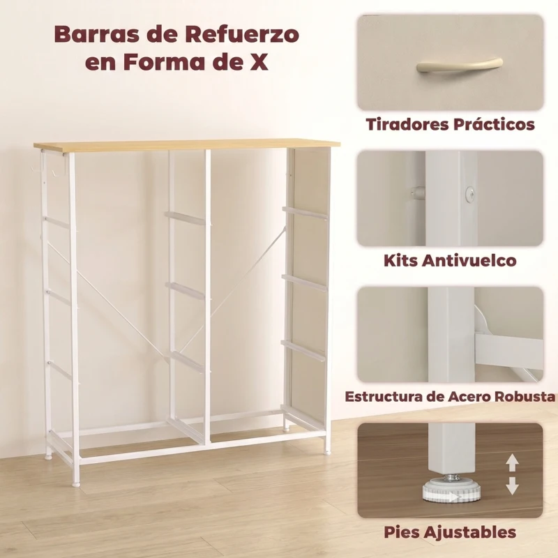 HOMCOM Cajonera de Tela Cómoda con 8 Cajones 4 Bolsillos Laterales 2 Ganchos y Estructura de Acero Beige