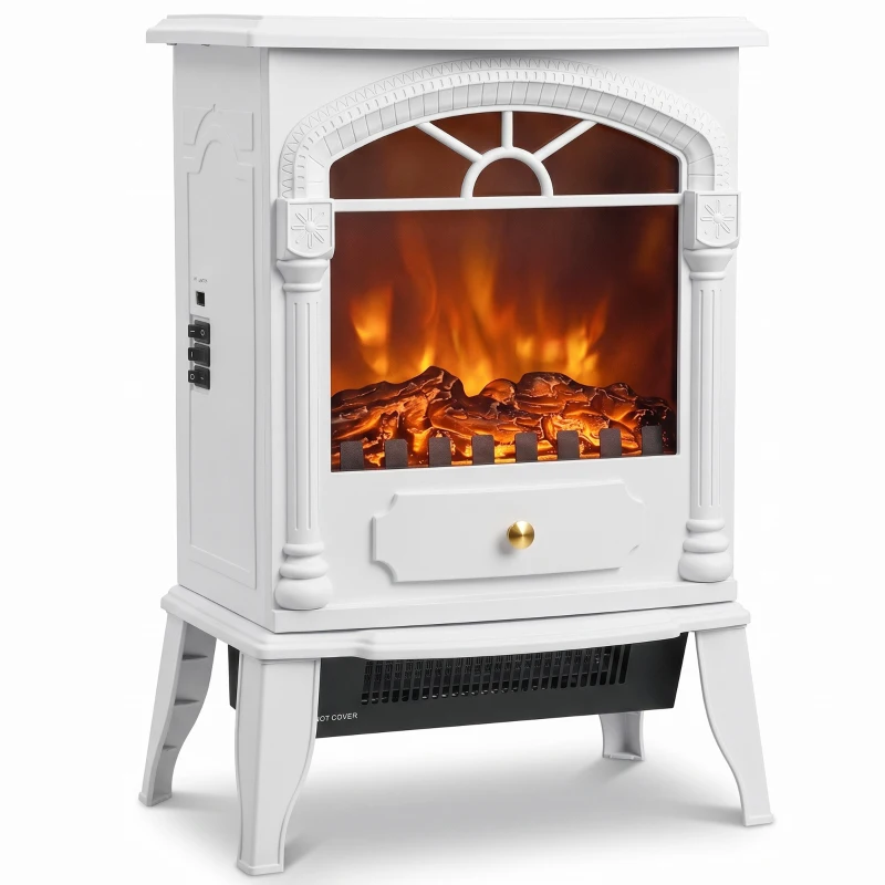 HOMCOM Freestanding Portable Fireplace, Electric Fireplace Stove Heater with 3D Flame Effect and Adjustable Thermostat, White
