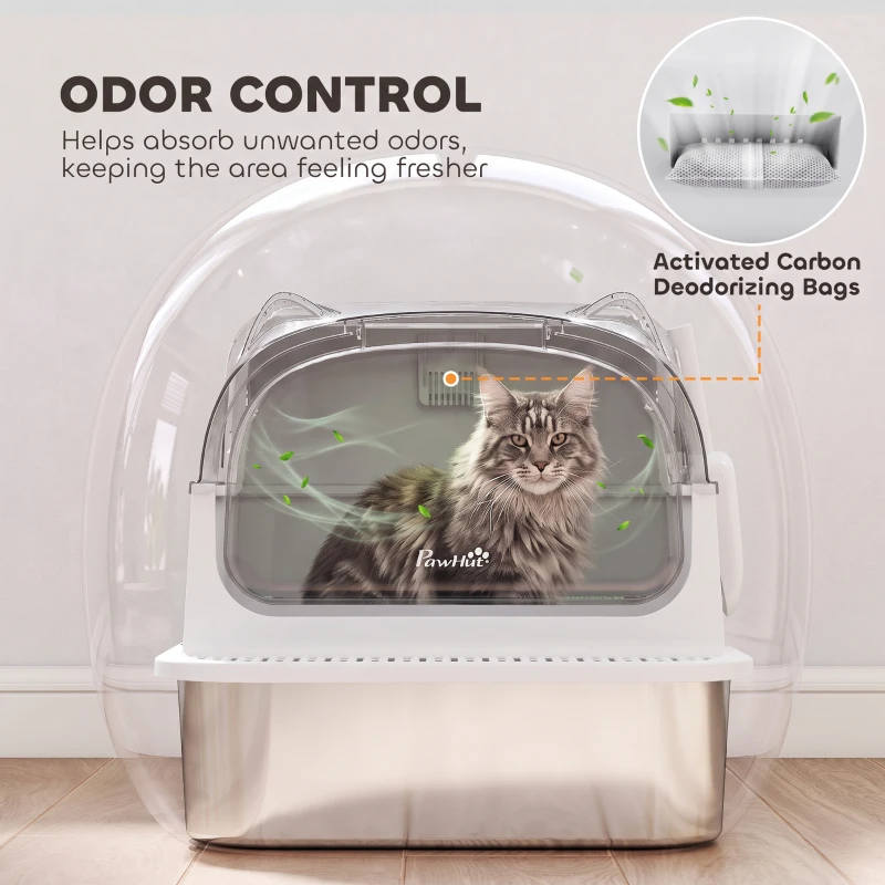 PawHut Bac à Litière pour Chat en Acier Inox avec Couvercle 3 en 1 Bords Hauts Pelle et Sacs Anti-Odeur XL 70x50x46cm Blanc