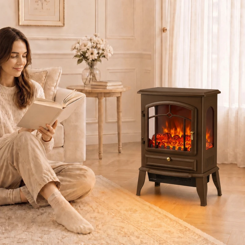 HOMCOM Electric Fireplace Stove, 1000/2000W 3-Sided Freestanding Fireplace Heater with 3D Flame Log, Thermostat, Brown