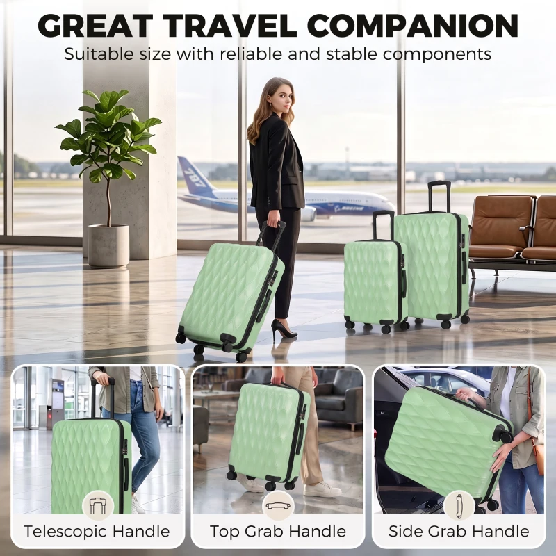 HOMCOM 3-Piece Suitcase Set, Hard Shell Carry On & Checked Luggage Set with TSA Lock, 20/24/28 Inch, Green