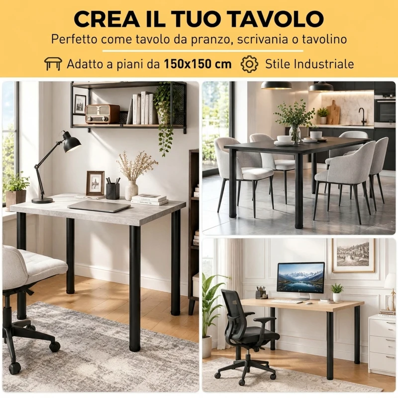 HOMCOM Set 4 Gambe per Tavolo in Metallo con 40 Fori, 36 Viti Autofilettanti e 4 Piedini Regolabili, 73x6x6 cm, Nero