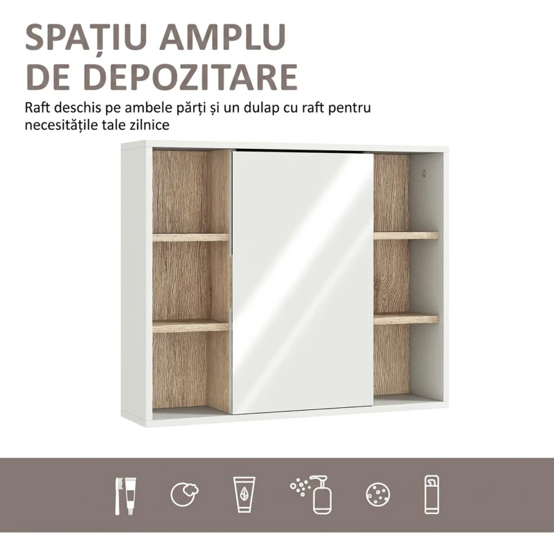 HOMCOM Dulap cu Oglindă din MDF și PAL cu 3 Rafturi Laterale și Raft Reglabil la Interior, 60x14,5x49,4 cm