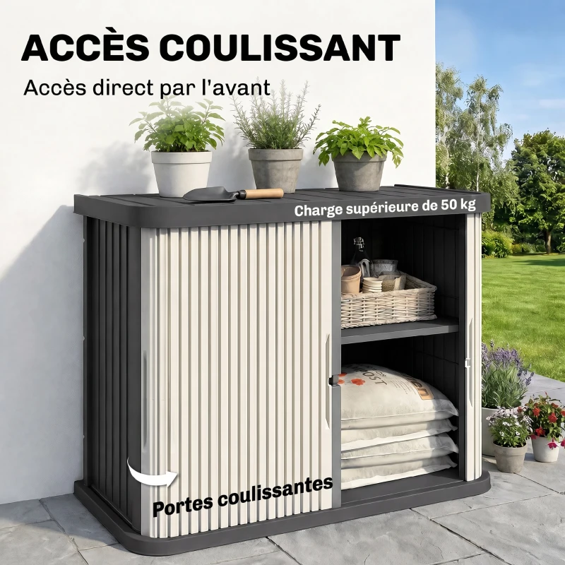Outsunny Coffre de Rangement Extérieur 480 L, 2 Niveaux avec Portes Coulissantes Résistant aux UV, 120,5x59,5x92cm, Gris