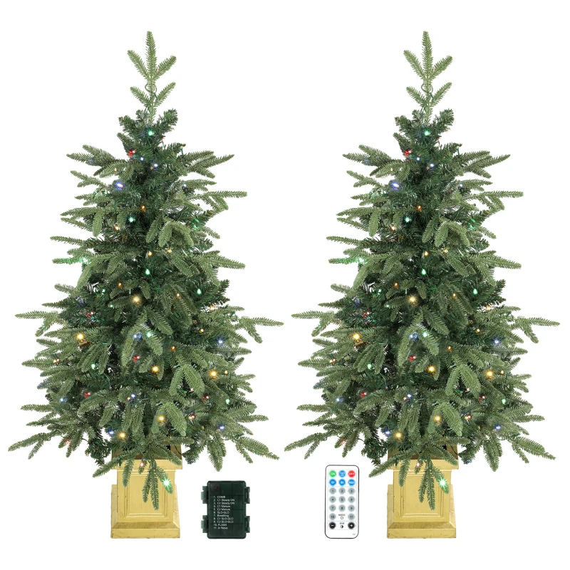 HOMCOM Set of 2 Prelit Christmas Trees with Dual-Colour LEDs, Remote, 4ft Artificial Aspen Fir Battery-Operated, 11 Modes, Pot