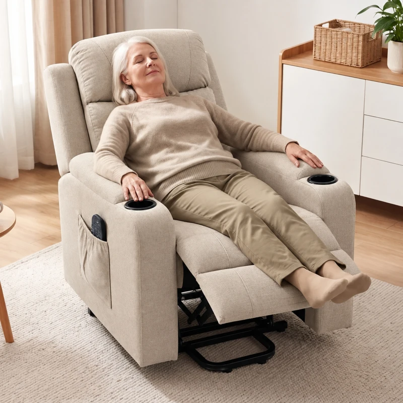 HOMCOM Riser Recliner Chair with Massage and Heat, Linen Electric Lift Armchair for Elderly with Spring Cushion, Beige