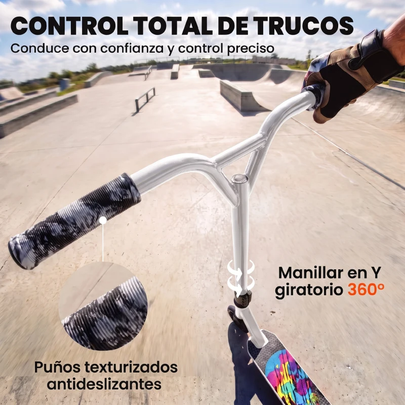 SPORTNOW Scooter Acrobático para Trucos con Plataforma de Aluminio Rodamientos ABEC-7 Ruedas 100 mm Manillar 360° Blanco