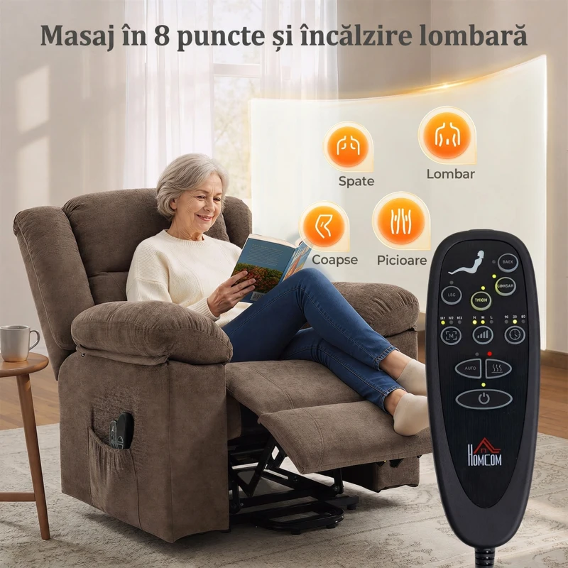 HOMCOM Fotoliu Electric cu Ridicare, Reclinare 150°, Masaj 8 Puncte, Încălzire, Maro