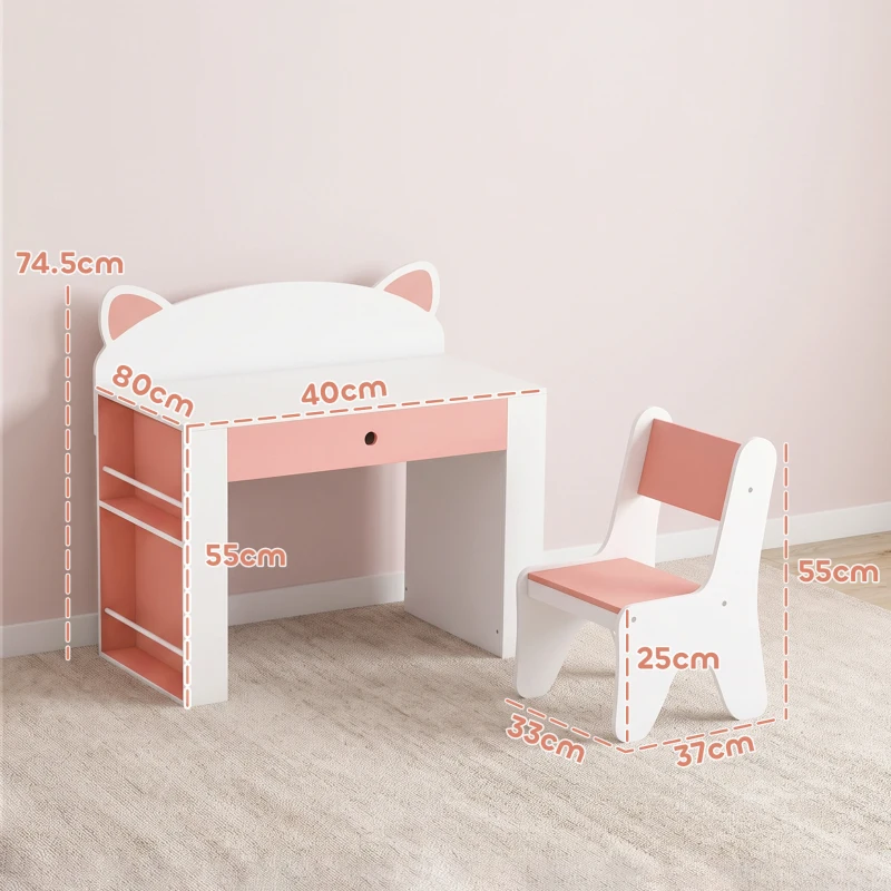 AIYAPLAY Set masă și scaun pentru copii, 3-8 ani, cu bibliotecă laterală, sertar și design vulpiță, alb