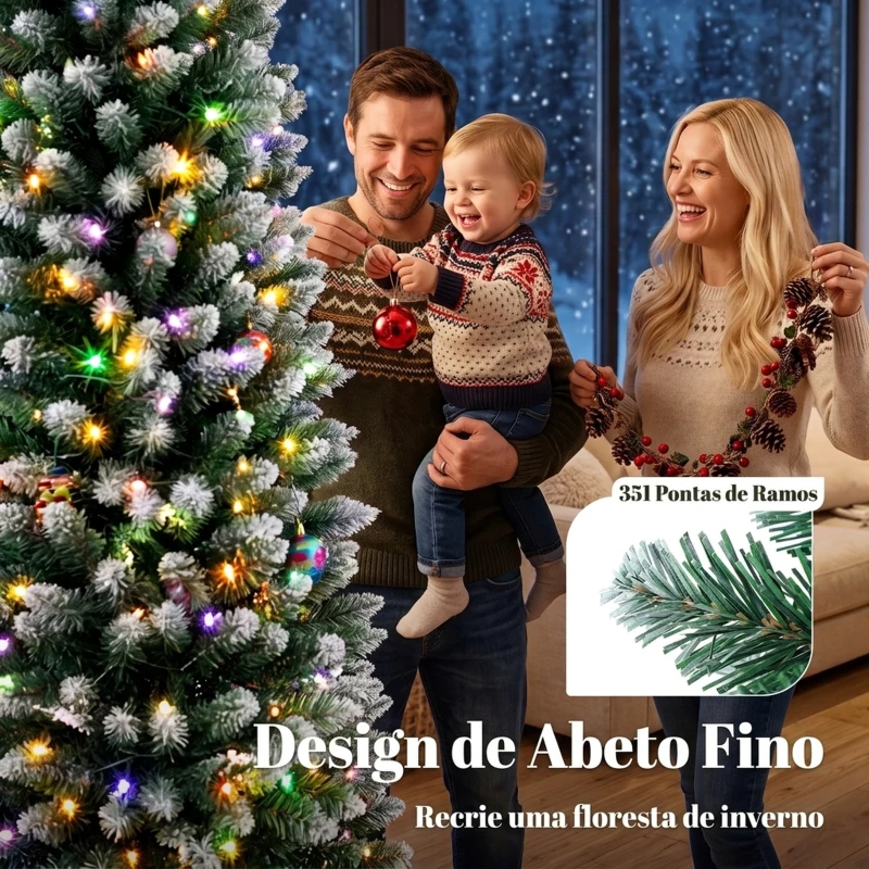 HOMCOM Árvore de Natal Estreita Pré-iluminada 180 cm, LEDs de Dupla Cor, Efeito Nevado, Comando, 11 Modos, 351 Pontas, 170 LEDs, Verde/Branco