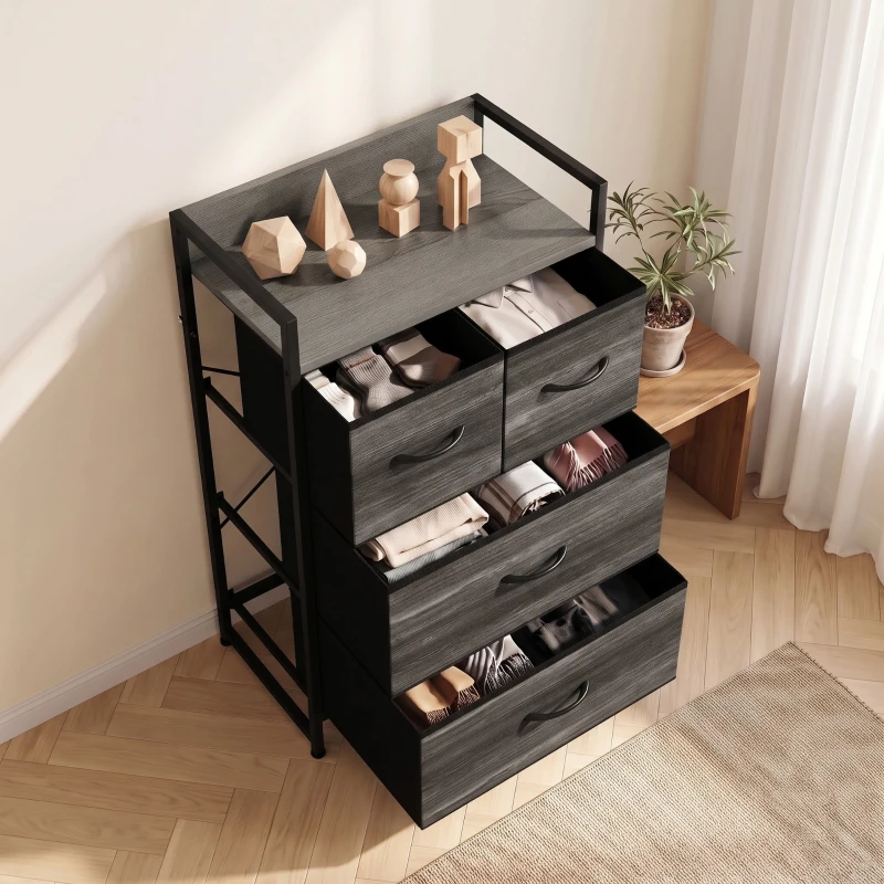 HOMCOM Cajonera de Tela con 4 Cajones Plegables y Marco de Acero Estilo Industrial para Salón 50x29x85 cm Gris