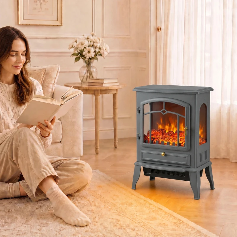 HOMCOM Electric Fireplace Stove, 1000/2000W 3-Sided Freestanding Fireplace Heater with 3D Flame Log, Thermostat, Grey