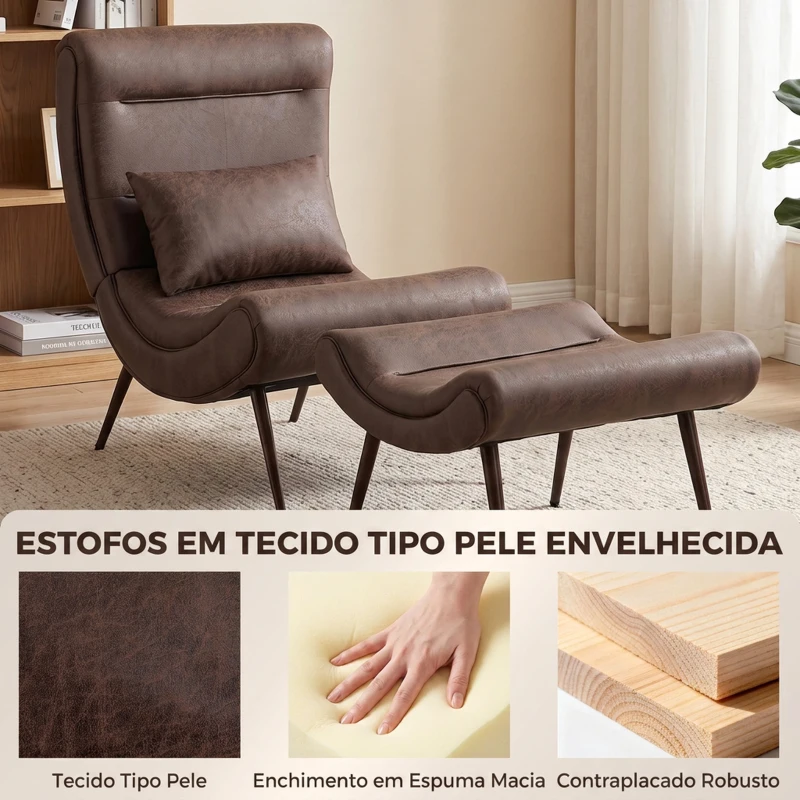 HOMCOM Poltrona retro com apoio para os pés, revestimento em leathaire, assento largo e almofada lombar, castanho-escuro