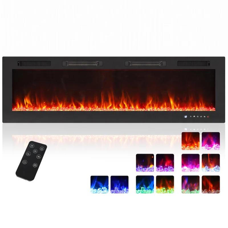 HOMCOM Cheminée électrique encastrable avec flamme indépendante, 3 modes de chauffage et télécommande, 152.4x9.4x47 cm, Noir
