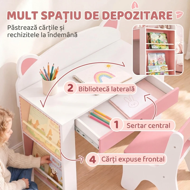 AIYAPLAY Set masă și scaun pentru copii, 3-8 ani, cu bibliotecă laterală, sertar și design vulpiță, alb