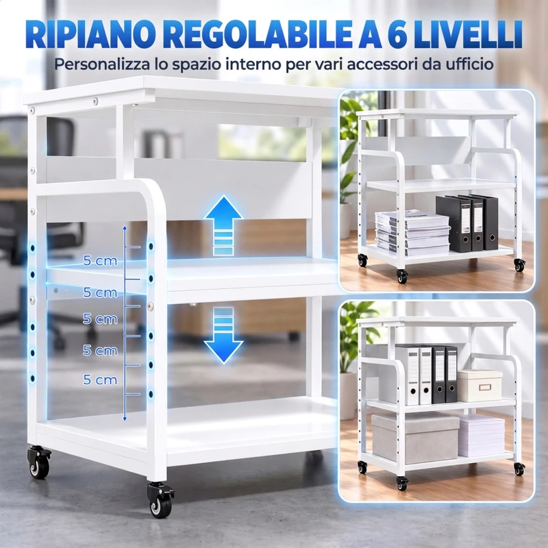 HOMCOM Supporto per Stampante 3 Ripiani con Ruote in Acciaio Bianco