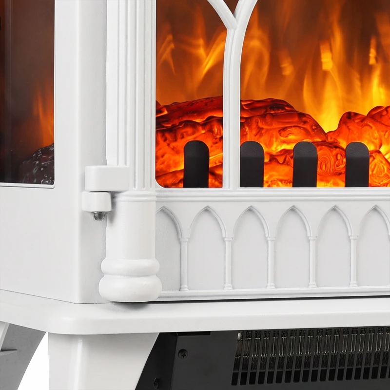 HOMCOM 3-Sided Glass Electric Fire Fan Heater, Electric Fireplace Stove Freestanding Log Burner with Flame Effect, White