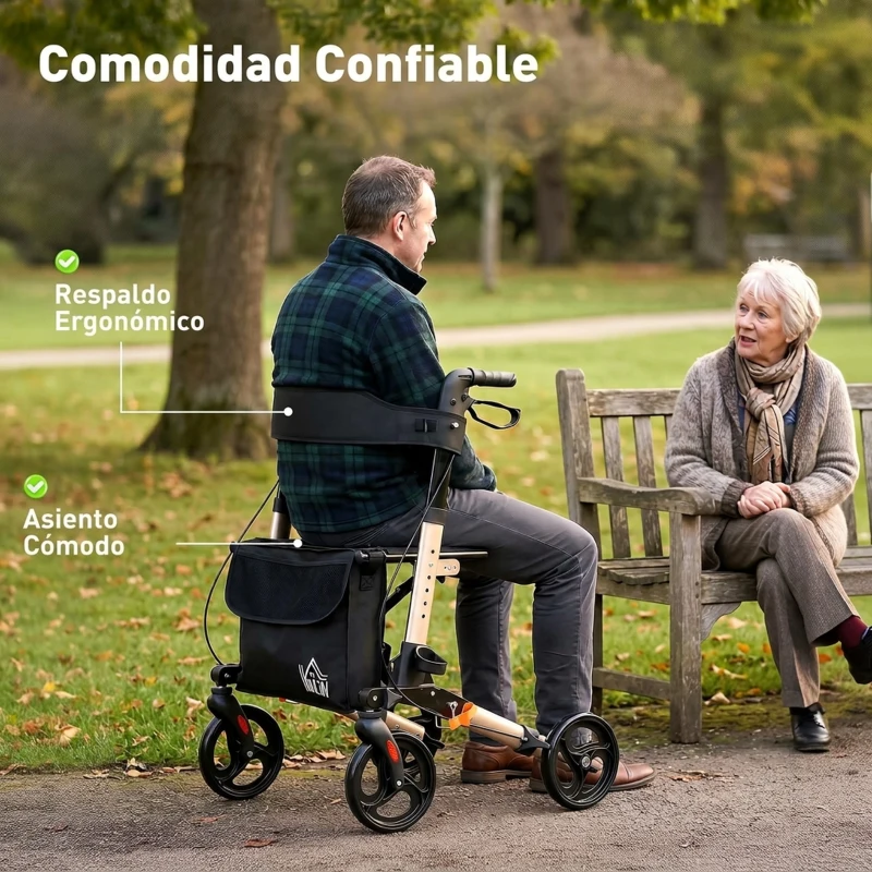 HOMCOM Andador para Ancianos Plegable de Aluminio con Asiento 4 Ruedas Altura Ajustable Frenos de Maneta Dorado y Negro
