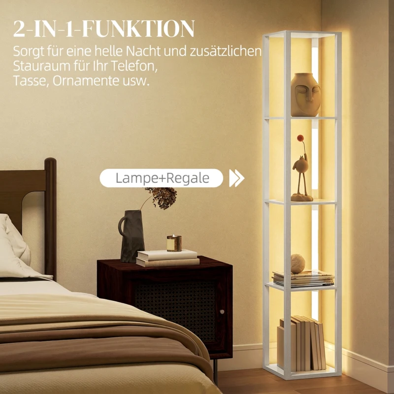 HOMCOM LED-Stehlampe mit Regalen, moderne dimmbare Standleuchte mit 3 Helligkeitsstufen und Fußschalter, Weiß