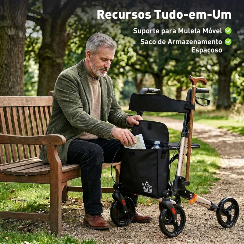HOMCOM Andarilho Dobrável em Alumínio com Assento, 4 Rodas, Altura Ajustável e Travões de Mão, Dourado e Preto