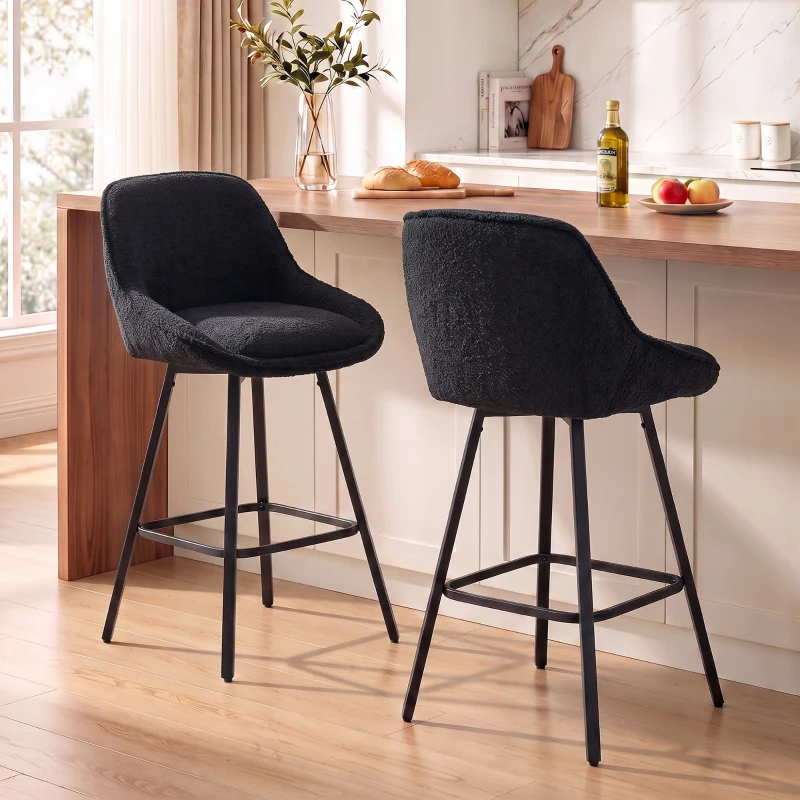HOMCOM Bar Stools Set of 2, 64 cm Modern Linen-Touch Fabric 360° Swivel Counter Height Bar Chairs, Black