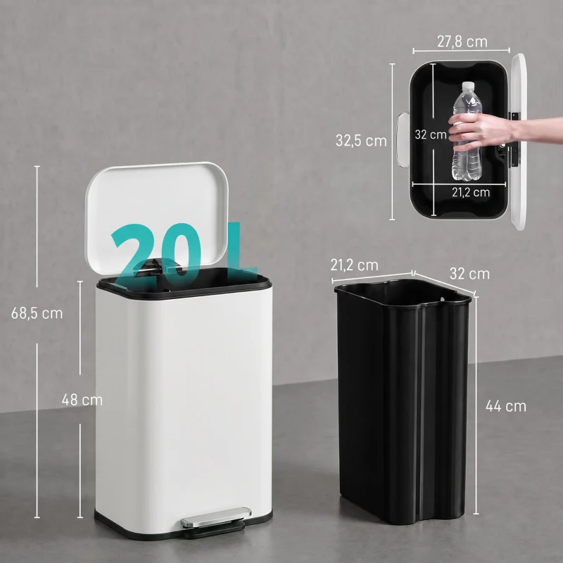 HOMCOM Poubelle de Cuisine 20 L en Acier Galvanisé Couvercle à Fermeture Douce Pédale Bac Amovible Anti-traces Crème