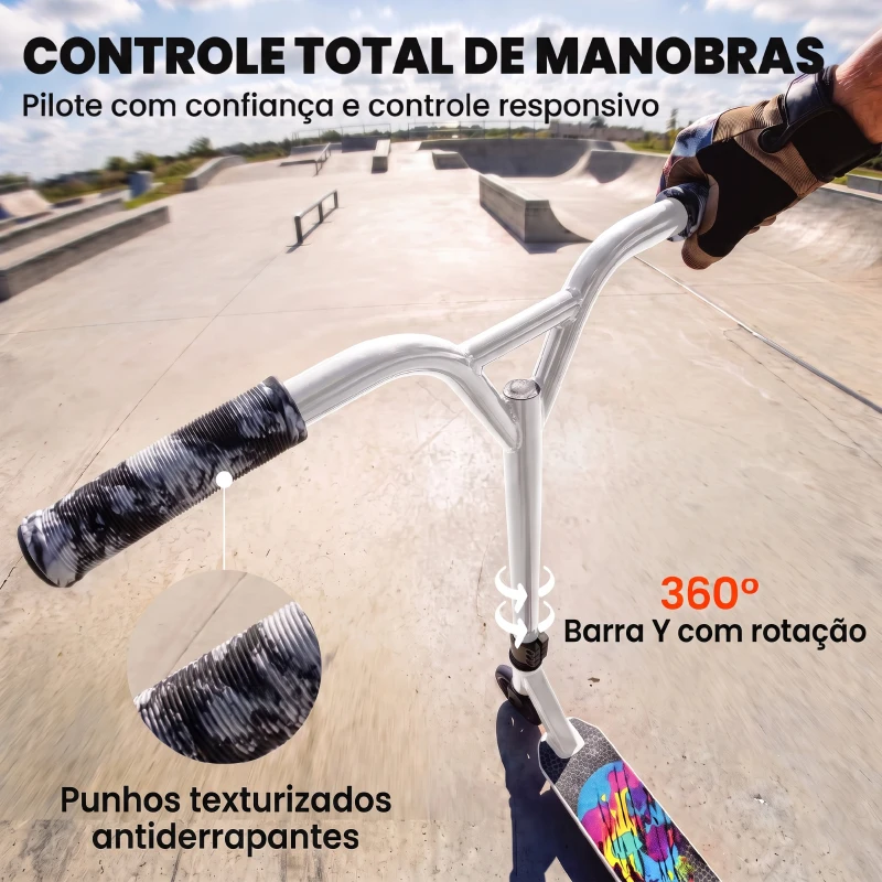 SPORTNOW Trotinete Acrobática para Truques com Plataforma em Alumínio, Rolamentos ABEC-7, Rodas 100 mm e Guiador 360°, Branco