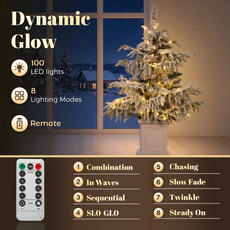 HOMCOM 3ft Prelit Flocked Christmas Tree, Artificial Snow Flocked Spruce with 100 Warm White LED Lights, 8 Modes, Green