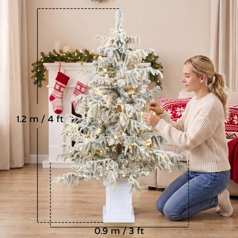 HOMCOM 4ft Prelit Flocked Christmas Tree, Artificial Snow Flocked Spruce with 160 Warm White LED Lights, 8 Modes, Green