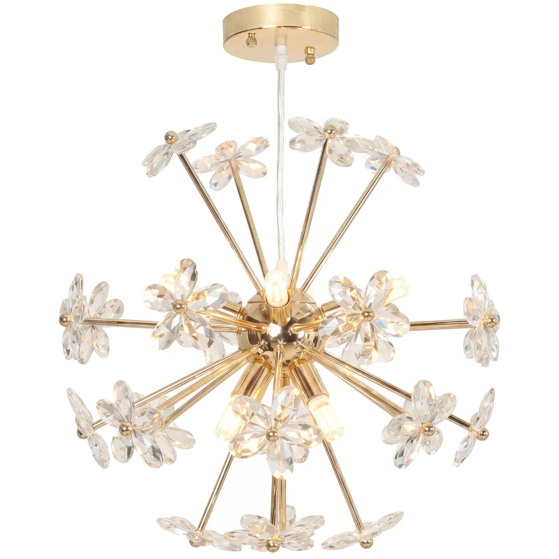 HOMCOM Crystal Chandeliers Ceiling Light with Flower, Modern Pendant Light with Adjustable Height, Ceiling Plate, Clear