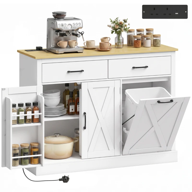 HOMCOM Tilt Out Trash Cabinet with Charging Station, Kitchen Island with Storage, 57 Liter Hidden Rubbish Bin Storage, White