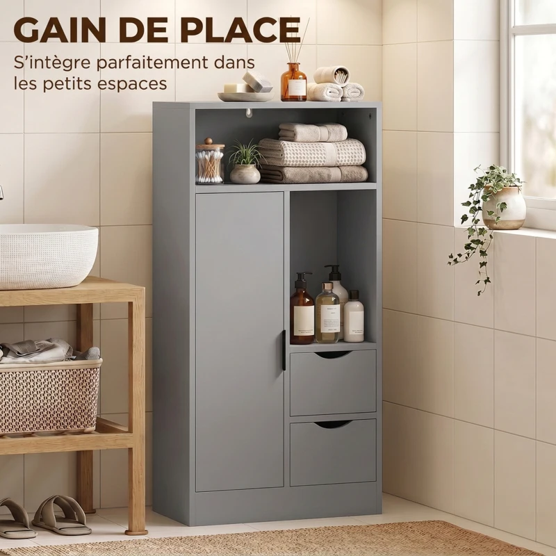 HOMCOM Meuble de salle de bain, meuble de rangement étroit avec 2 tiroirs, compartiments ouverts, 50x25x100cm, gris